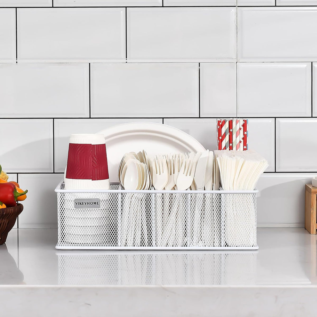 VIKEYHOME Paper Plate Organizer for Countertop, Metal Silverware Caddy with 6 Compartments for Cup, Napkin, Utensil Holder Caddy for Party, Camping, Picnic