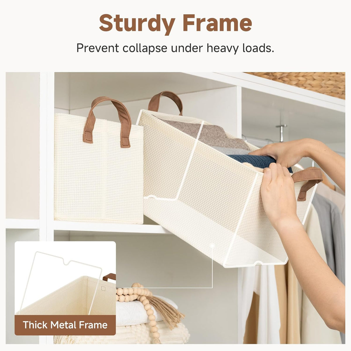 StorageWorks Storage Bins, Shelves Baskets for Organizing, Fabric Closet Organizers with Handles, Metal Frame, Beige-Cotton-linen, 2-Pack