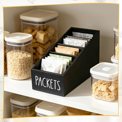 5-Section Large Capacity Seasoning Packet Organizer with Removable Dividers,Wooden Black Snack Organizer,for Kitchen Pantry Cabinet, Farmhouse Kitchen Organization Bin for Spice Packets Storage Basket
