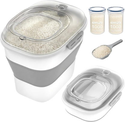 HOYTAMDAR 20-50Lbs Rice Container,Collapsible Food Storage Containers with Airtight Clear Lid,Wheels,Rice Storage Container with Small Bin and Scoop,Rice Dispenser for Flour Sugar Cereal Grain Dog Cat