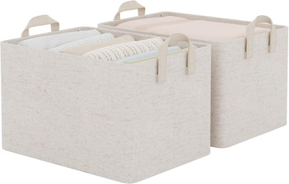 StorageWorks Storage Bins, Shelves Baskets for Organizing, Fabric Closet Organizers with Handles, Metal Frame, Beige-Cotton-linen, 2-Pack