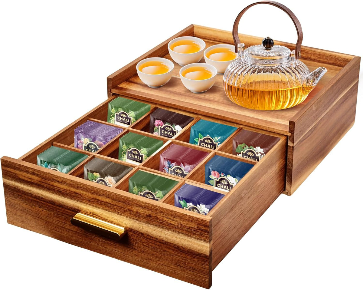 NANXITU Acacia Wood Tea Holder Organizer,Tea Box Organizer Storage Box,Tea Caddy for Tea Bags Organizer Drawer,with12 Compartments Multi-Functional Tea Station Chest for Countertop