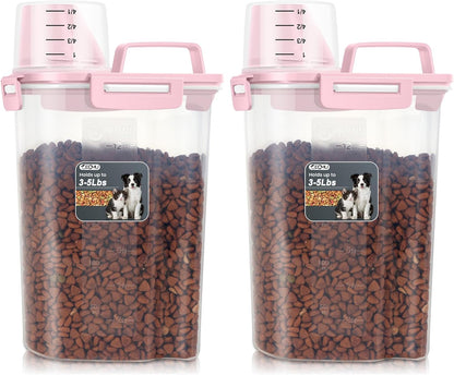 Dog Cat Food Storage Container 3-5lb, Pet Food Container Airtight with Large Spout & Cup, BPA-Free Plastic Food Dispenser for Pet Food, Bird Seed, Rice, Flour (Pink (3L-1pack))