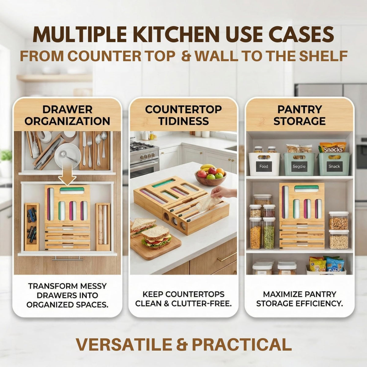 9 in 1 Bamboo Kitchen Drawer Organizer for Storage Bags, Foil & Plastic Wrap Holder with Built-In Cutter, Fits Gallon, Quart, Sandwich, and Snack