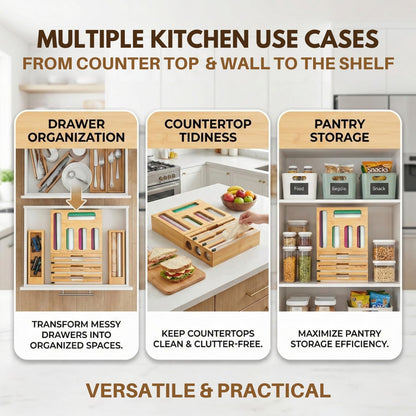 9 in 1 Bamboo Kitchen Drawer Organizer for Storage Bags, Foil & Plastic Wrap Holder with Built-In Cutter, Fits Gallon, Quart, Sandwich, and Snack