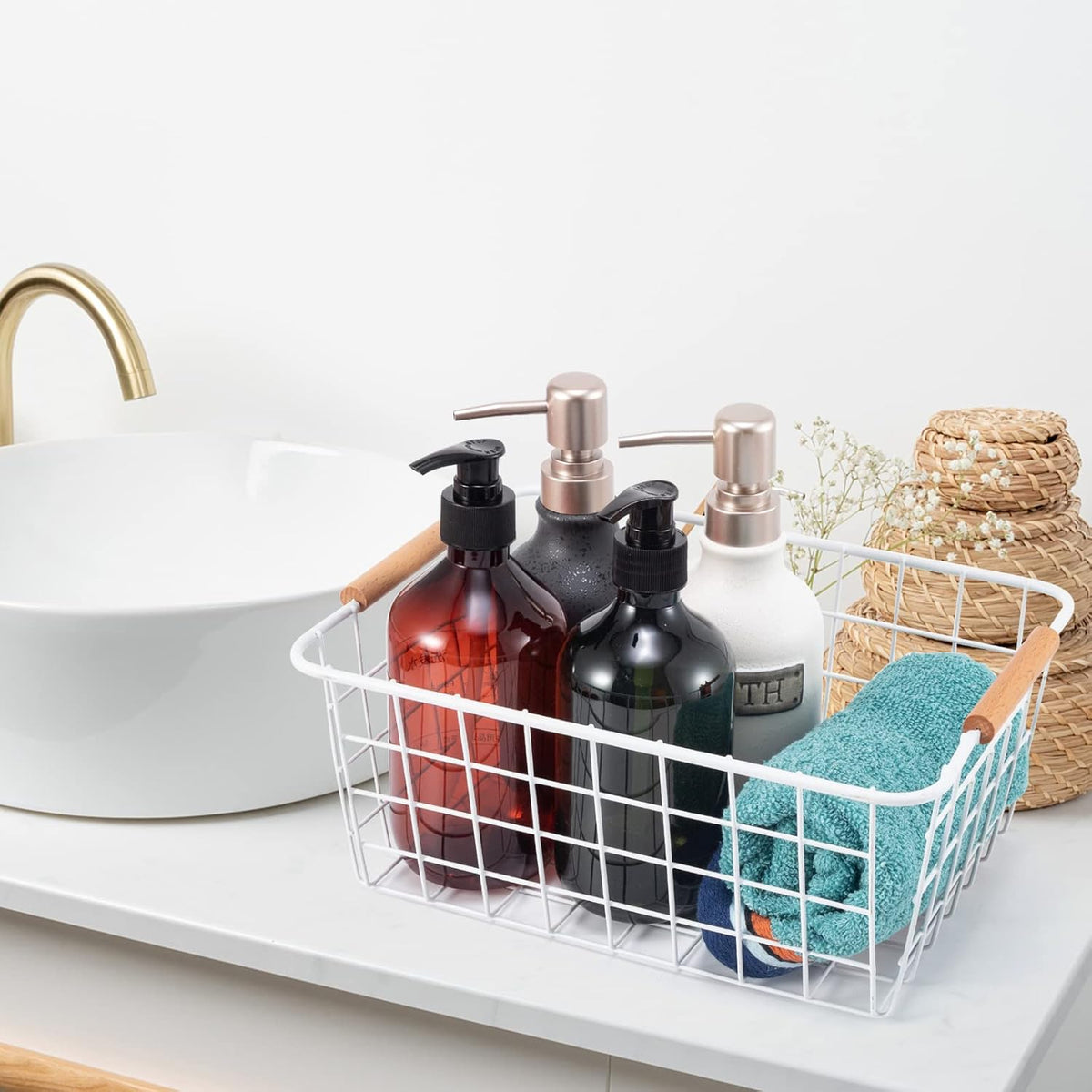 Black Wire Storage Baskets with Wooden Handles - Organizing Pantry and Kitchen Cabinets - Metal Wire Food Storage Basket