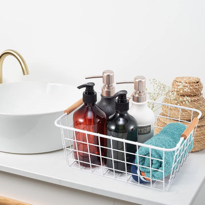Black Wire Storage Baskets with Wooden Handles - Organizing Pantry and Kitchen Cabinets - Metal Wire Food Storage Basket
