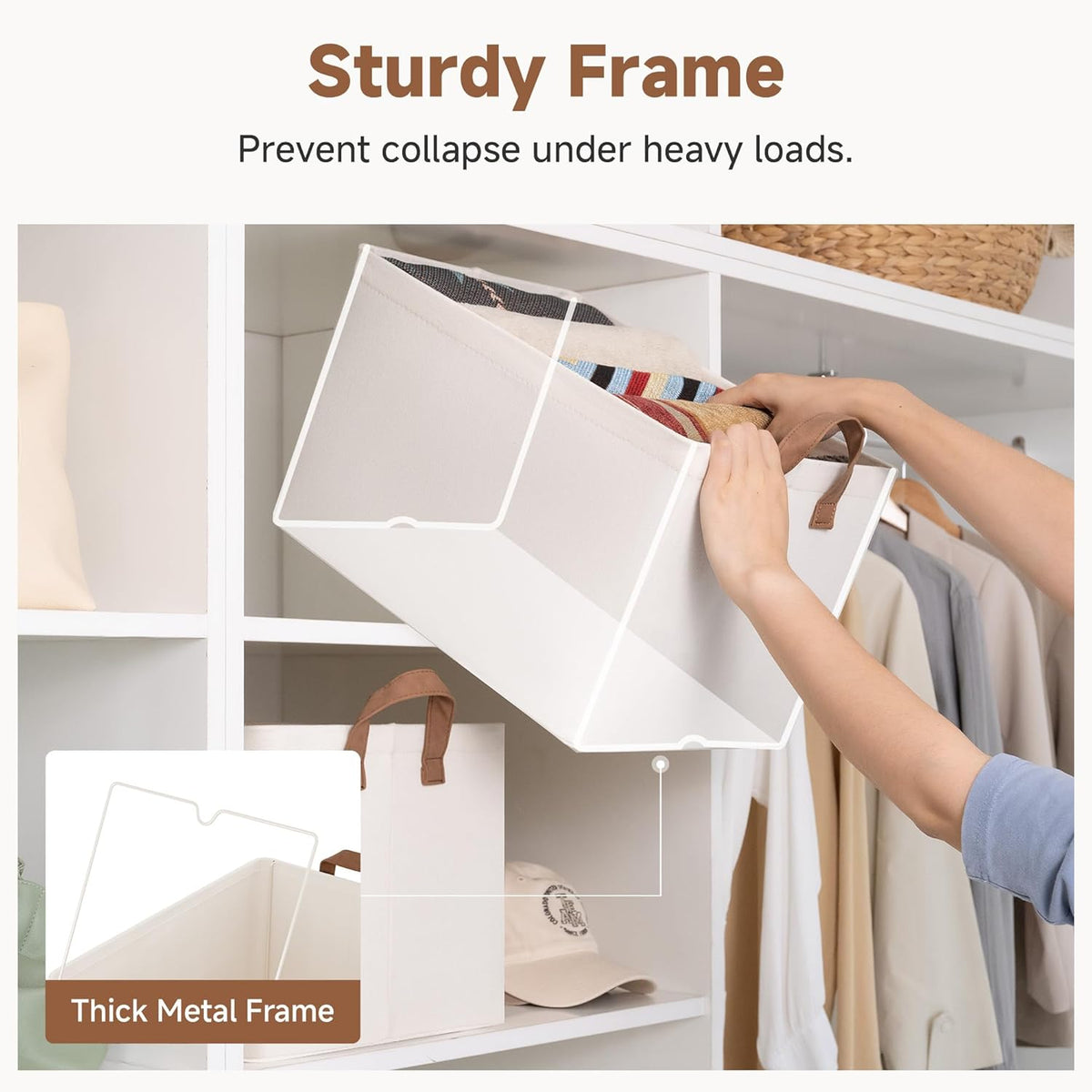 StorageWorks Storage Bins, Shelves Baskets for Organizing, Fabric Closet Organizers with Handles, Metal Frame, Beige-Cotton-linen, 2-Pack
