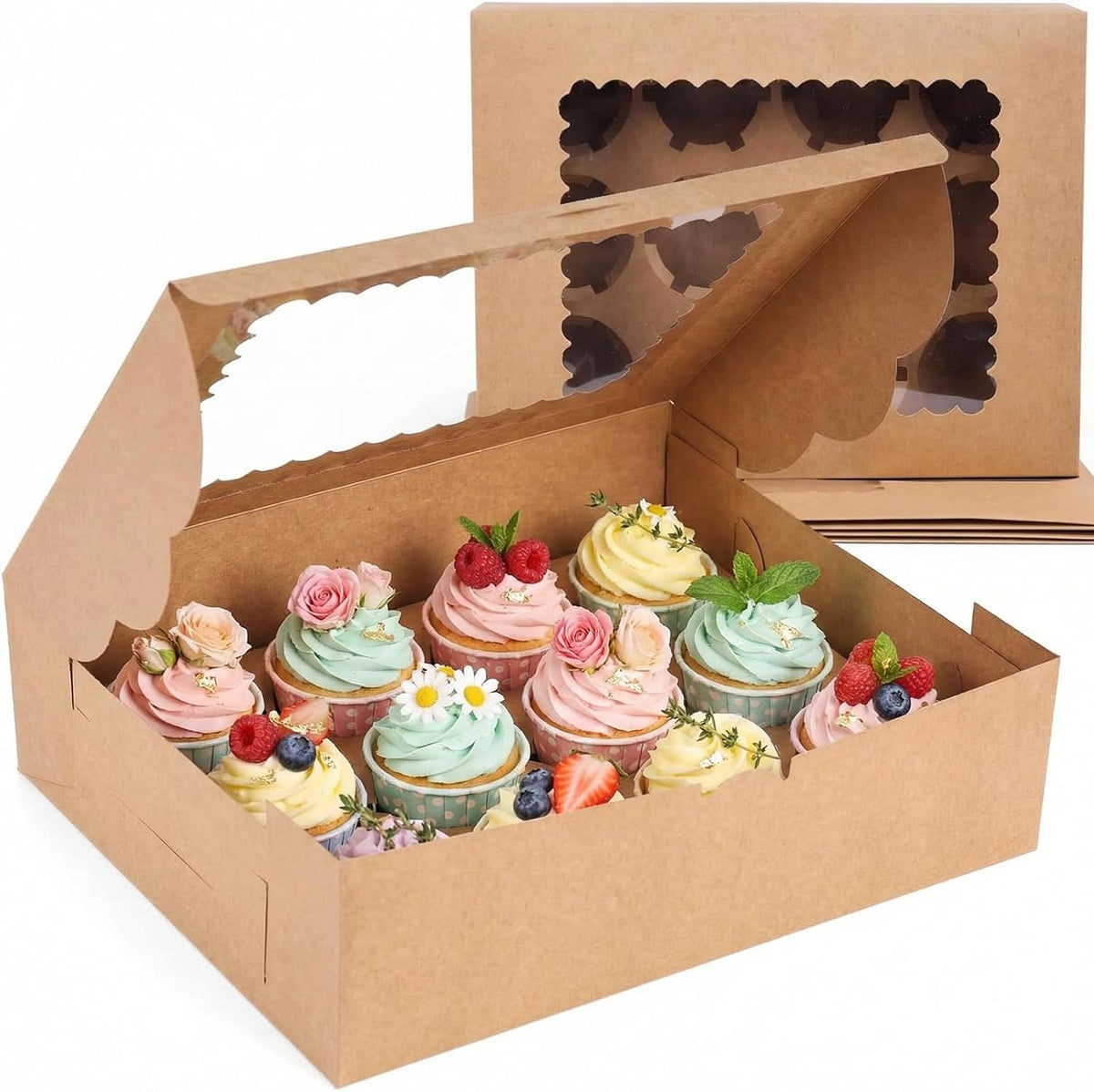 VGOODALL 12 Count Cupcake Boxes, 6PCS Cupcake Container with Window Boxes Holding 72 Pastry Box for Birthday Holiday Party Bakery Supplies 13.2"x9.8"x4"