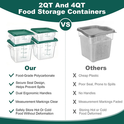 4 Pack 4QT Food Storage Containers with Green Lids, Clear Square Restaurant Commercial Food Storage Containers with Handle and Scale, Marinating Container Dough Rising Bucket for Home & Dining