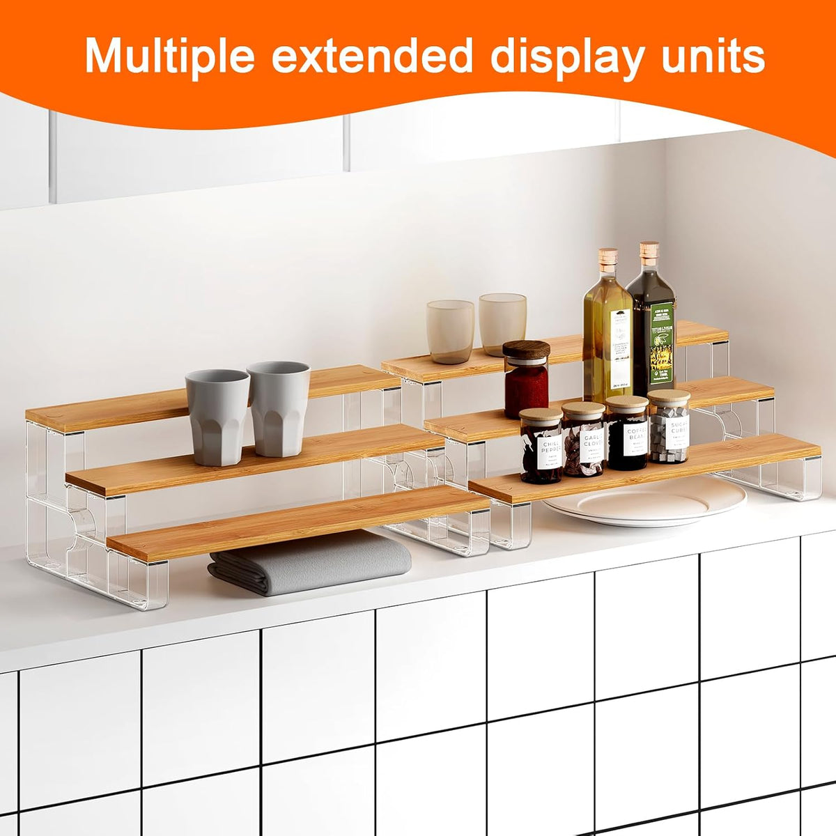 junyuan Spice Rack Organizer for Cabinet,3 Tier Spice Organization for Kitchen,Bathroom Organizers and Storage,Seasoning Countertop Shelf,Bamboo Display Shelves Racks,Clear 11.2"