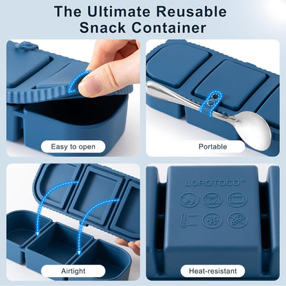 Silicone Reusable Snack Containers with Lids - 8 oz Double Compartment Snackle Box for Kids & Adults, BPA-Free & Leakproof, Small for Dressing, Snacks, School, Office, Picnic