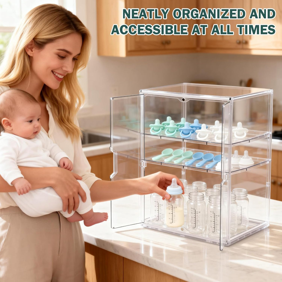 Baby Bottle Organizer, 3-Tier Bottle Storage for Countertop with Double Magnetic Doors, Clear Plastic Bottle Station Organizer Mom Gifts with 2 Dividers for Kitchen, Bathroom, Cabinet, Vanity