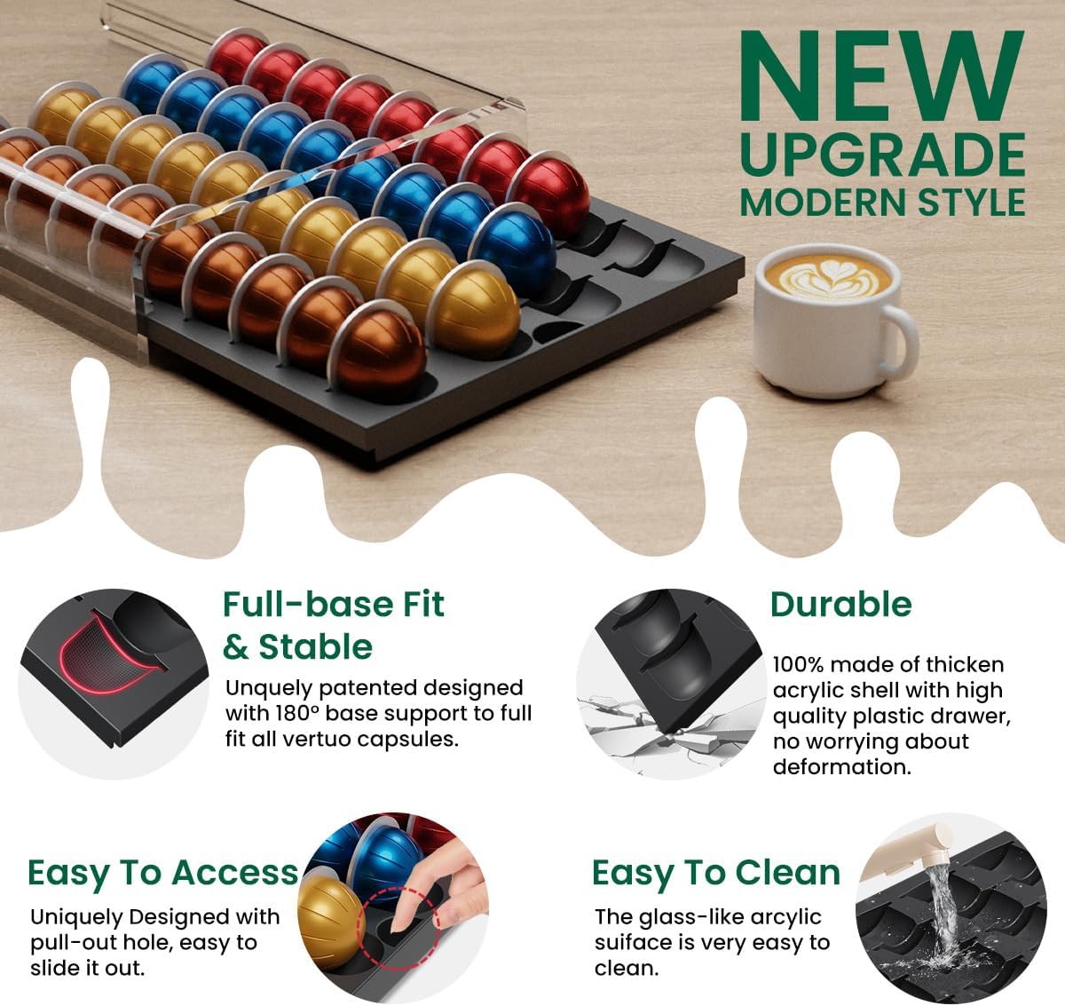 Storage Drawer for Nespresso Vertuo, Coffee Pod Holder for Counter Acrylic Top & Plastic Drawer Coffee Capsule Organizer - 40 Pods