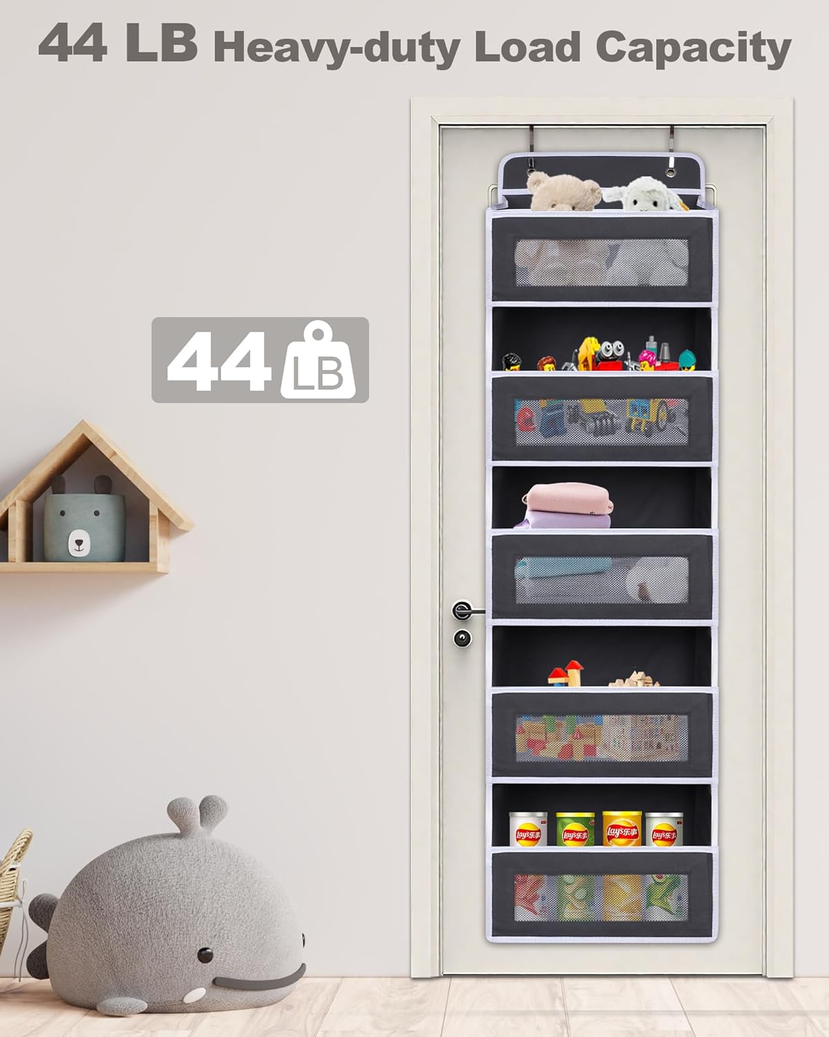 Over The Door Organizer 44LB Capacity with 5 Large Pockets & 10 Mesh Side Pockets, Clear Window Anti-Tilt Hanging Storage for Nursery, Bathroom, Pantry - Dark Grey, 1 Pack