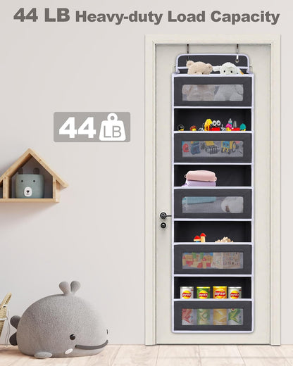 Over The Door Organizer 44LB Capacity with 5 Large Pockets & 10 Mesh Side Pockets, Clear Window Anti-Tilt Hanging Storage for Nursery, Bathroom, Pantry - Dark Grey, 1 Pack