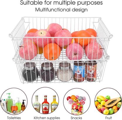 Set of 2 Stackable XXL Wire Baskets For Pantry Storage and Organization -16x12in Large Metal Food Baskets -Vegetable,Fruit,Potato,Onio, Pantry Storage Bins With Handles (Black, XXL)