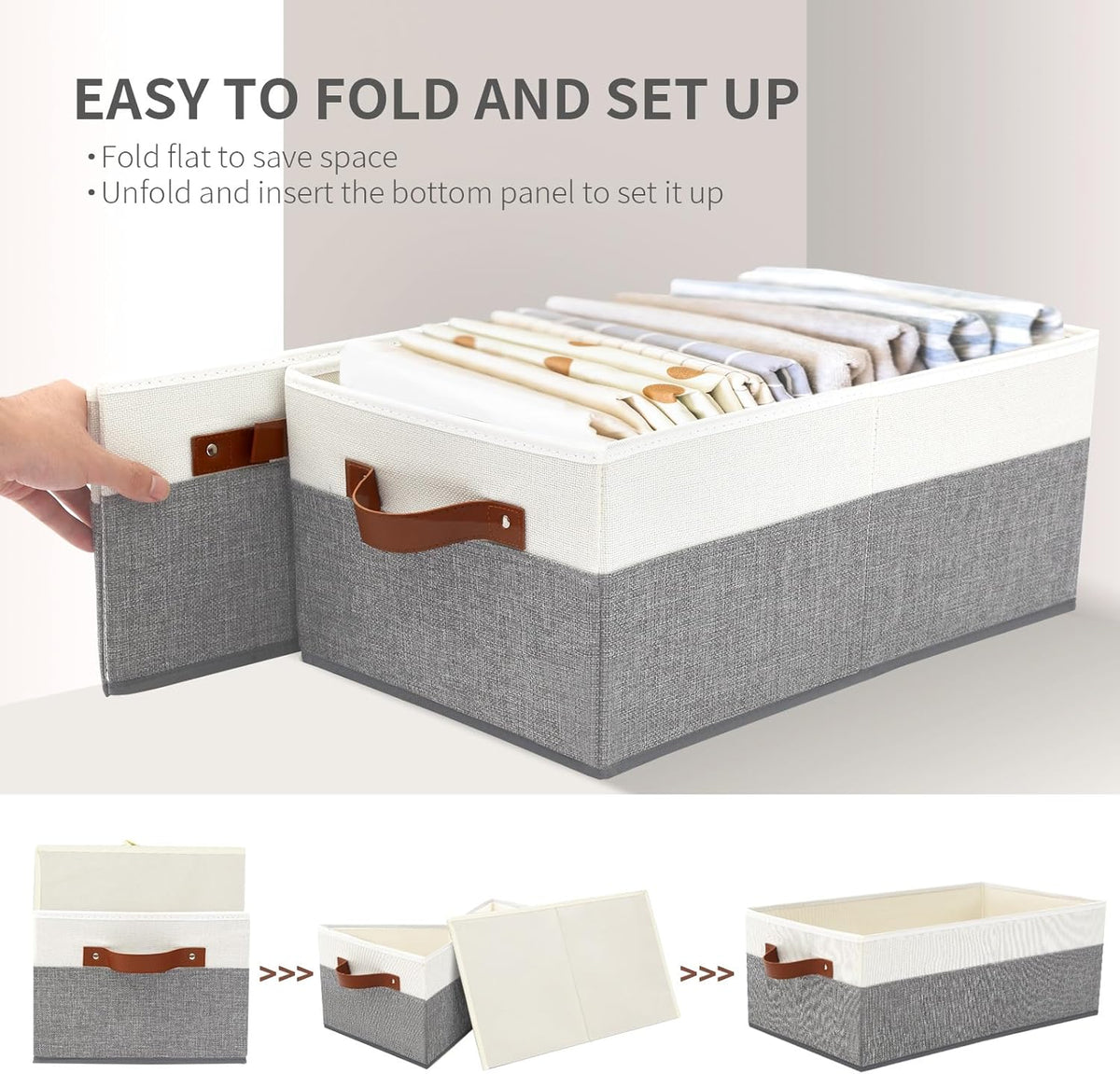 Large Capacity Storage Bins Closet Organizer for Shelves, Fabric Closet Storage Baskets Boxes with Leather Handles for Organizing Clothes, Sheets, Jeans, Toys, Books (Grey)