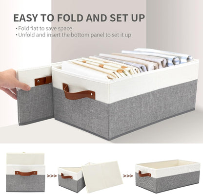 Large Capacity Storage Bins Closet Organizer for Shelves, Fabric Closet Storage Baskets Boxes with Leather Handles for Organizing Clothes, Sheets, Jeans, Toys, Books (Grey)