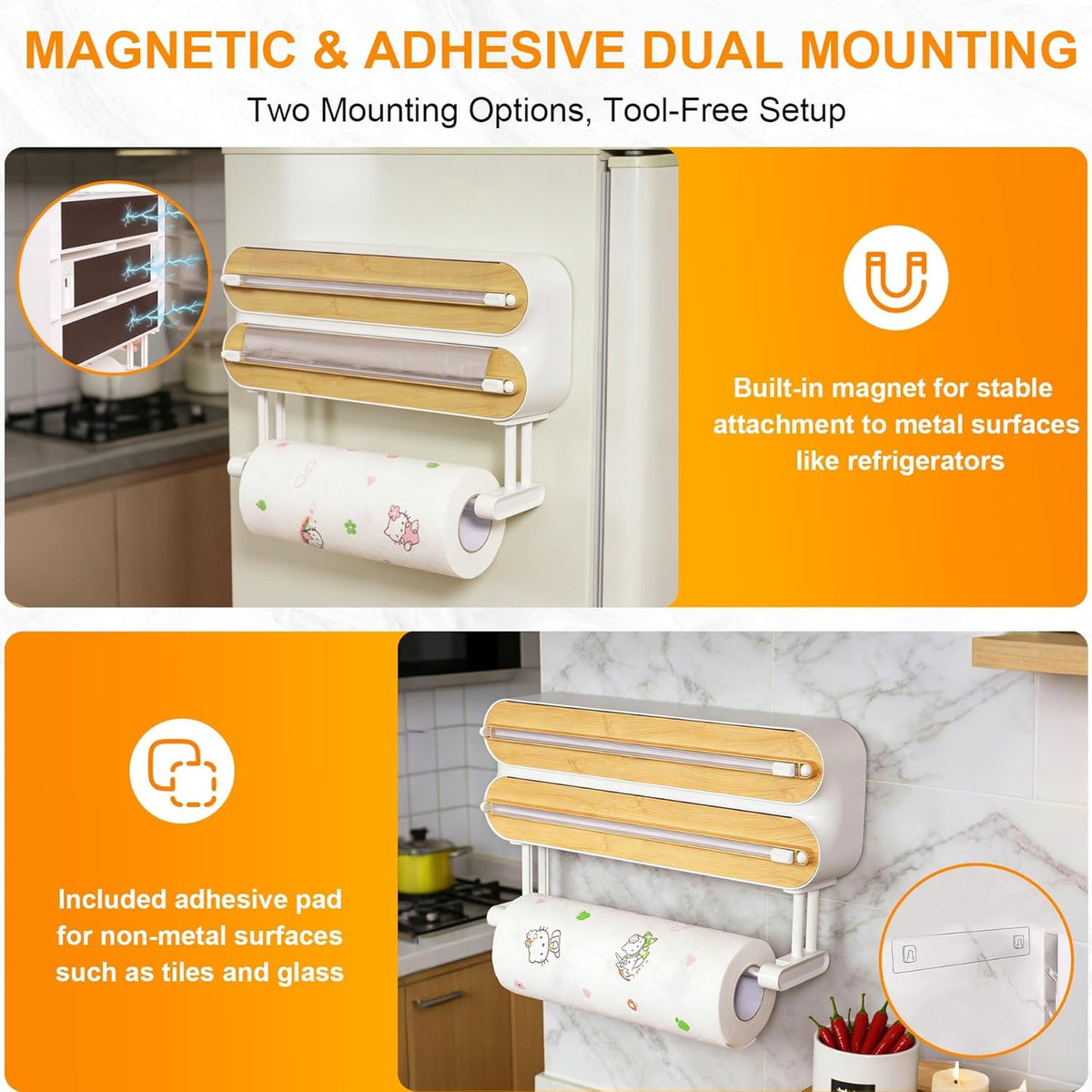 4in1 Plastic Wrap Dispenser with Cutter Aluminum Foil Organizer Wrapping Paper Storage and Kitchen Towel Holder Ideal for Kitchen Organization and Countertop Space Saving