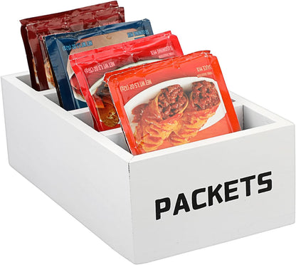 BSTKEY Seasoning Packet Organizer, Food Packet Storage Organizer with 4 Compartments, Wooden Storage Caddy for Kitchen Pantry Cabinet, Farmhouse Kitchen Organization Bin for Snacks Spice Packets
