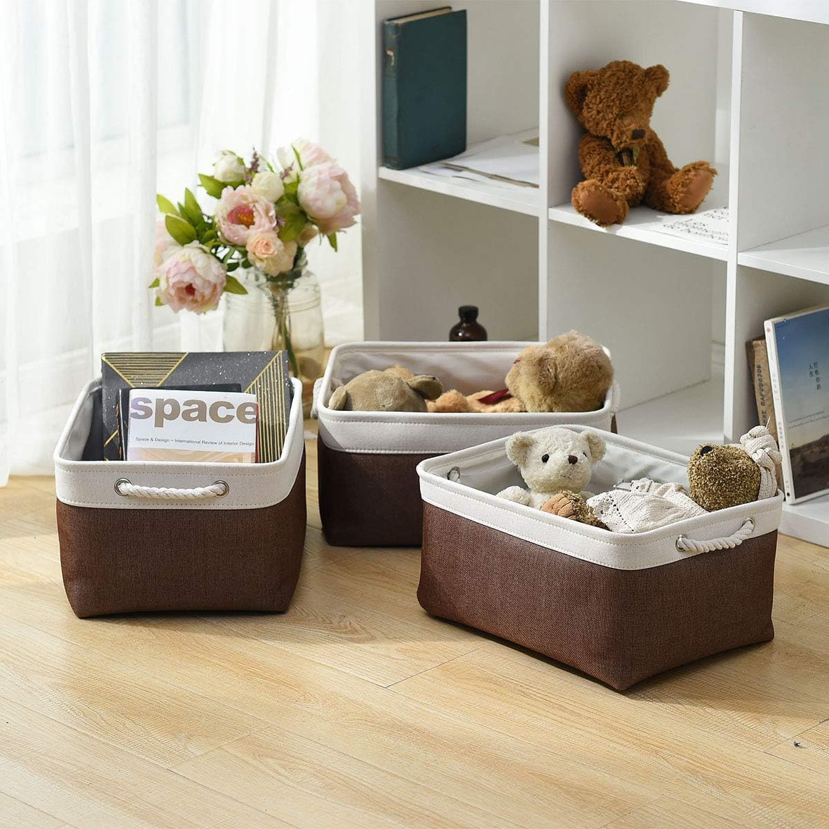 Fabric Storage Bins 12x8x5 inch [6-Pack] with Rope Handles - Decorative Baskets for Organizing