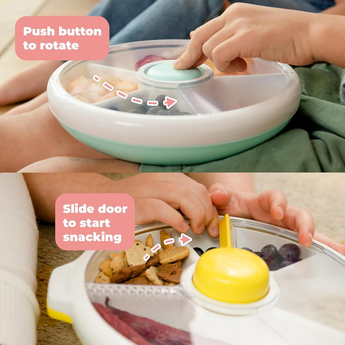 GoBe Kids Small Snack Spinner Slide Bundle with Hand Strap and Sticker Sheet - Reusable Snack Container with 5 Compartment Dispenser and Lid | BPA/PVC Free | Dishwasher Safe | No Spill - Coral Pink