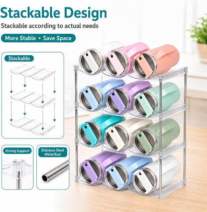 Stackable Water Bottle Organizer for Stanley 40 oz Tumbler, Large Compartment Water Bottle Holder for Cabinet, Clear Tumbler Organizer for Kitchen Countertop Pantry, 3 Pack