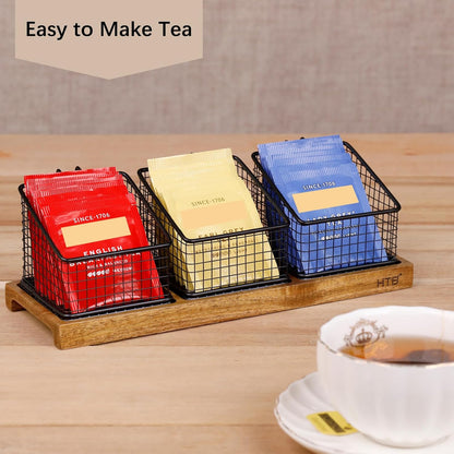 HTB 2 Tier Tea Organizer for Tea Bags, Tea Bag Holder with Acacia Wood Stand and 6 Removable Metal Basket for Sugar Packets, Sweeteners, Creamers for Cabinet, Countertop or Wall-mounted