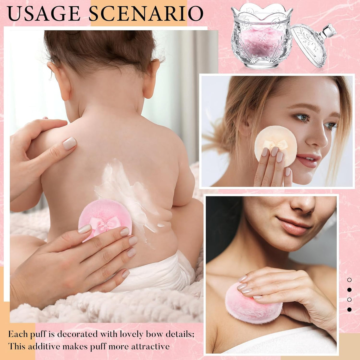 Tioncy 3 Pcs Large Body Powder Puff and Container Valentine's Day gift Powder Container with Puff Crystal Case Soft Washable Reusable Velour Face Body Glitter Wet Dry Makeup (Classic,Clear)