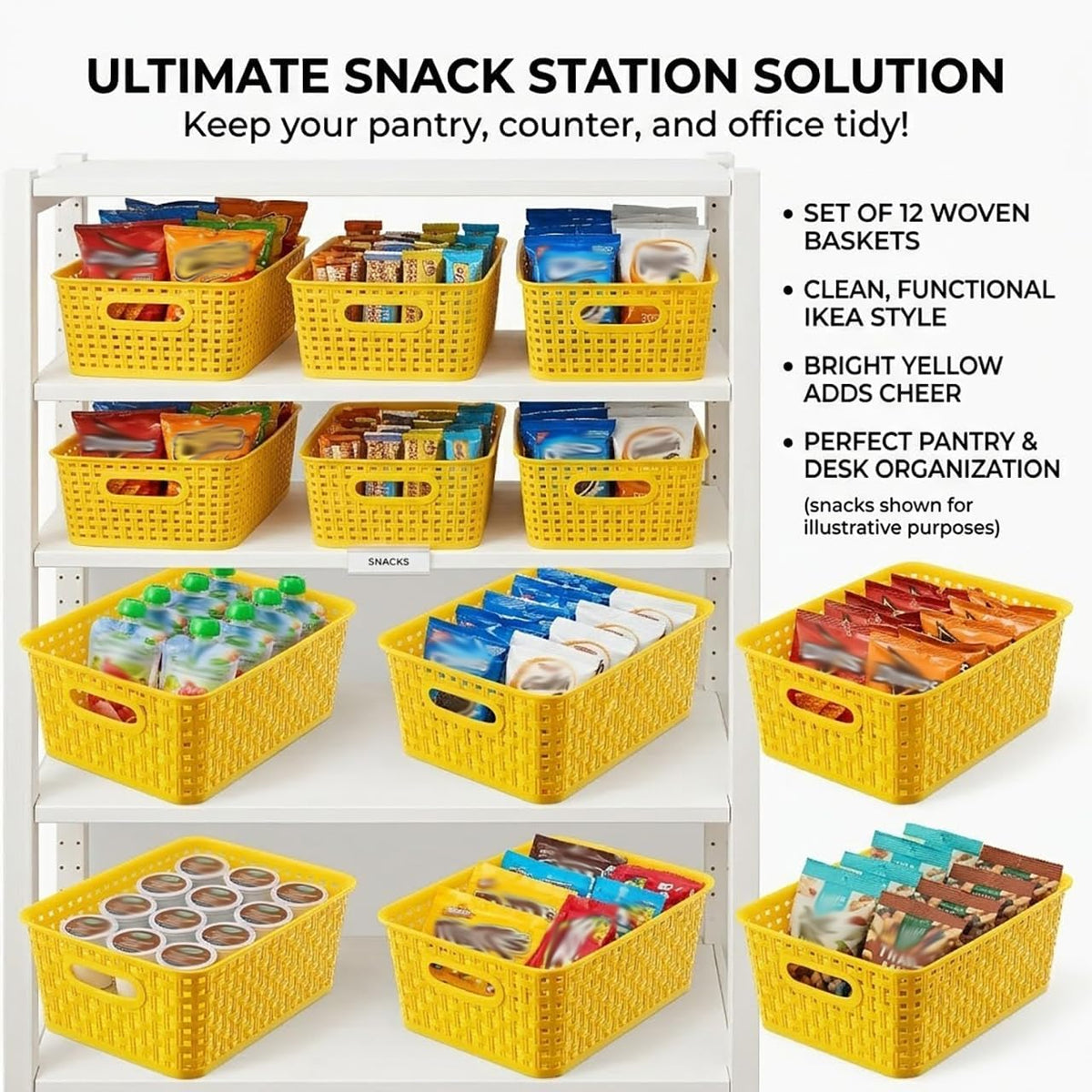 Khaki Stackable Storage Baskets, Plastic Weave Basket Organizer and Storage Set of 12, Pantry Organizing Baskets for Shelves, Kitchens, Bathrooms, Classrooms, Cabinets and Bedrooms