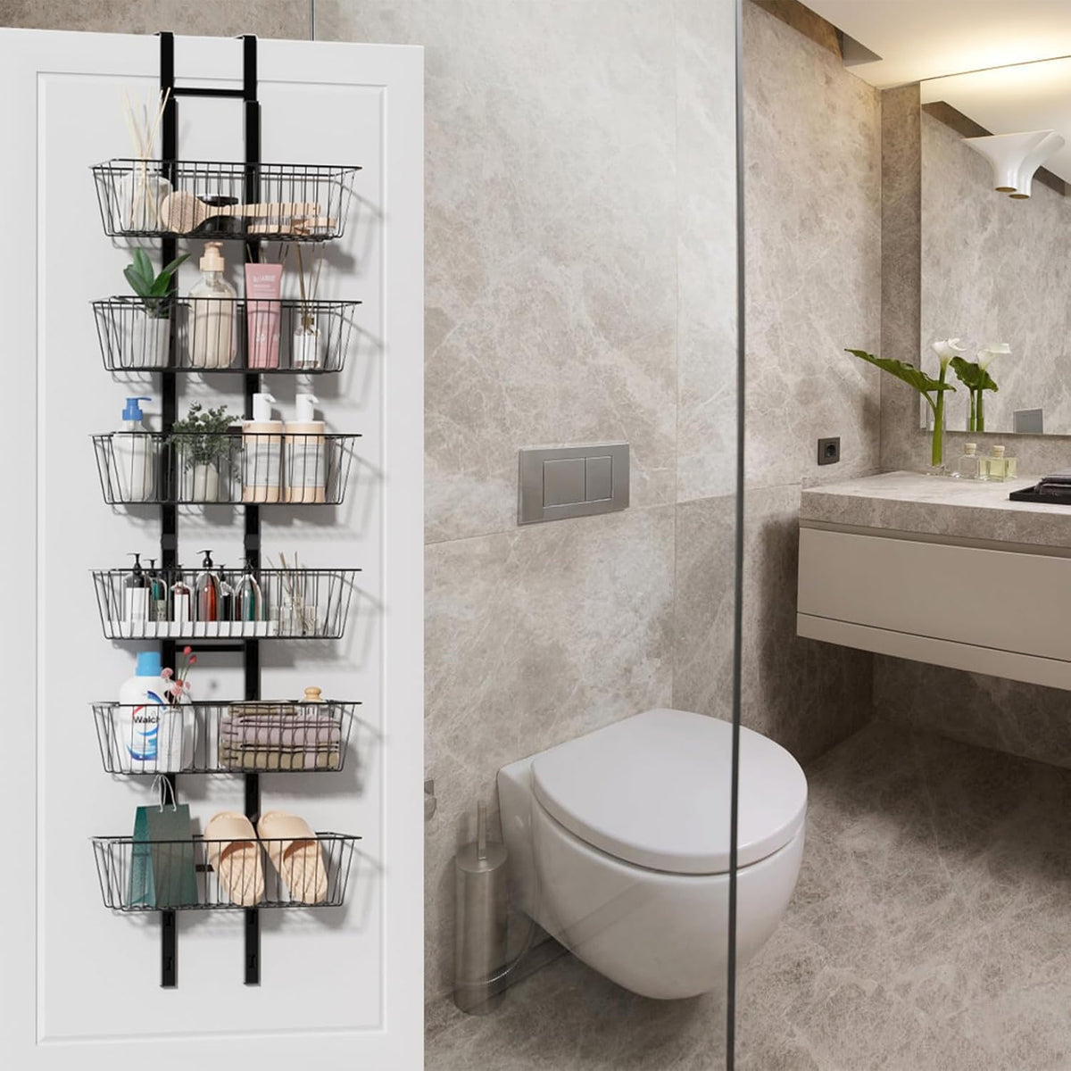 10 Tier Over the Door Pantry Organizer, Over the Door Spice Rack with Adjustable Baskets, Metal Hanging Door Pantry Organizers and Storage for Kitchen Bathroom Bedroom, White