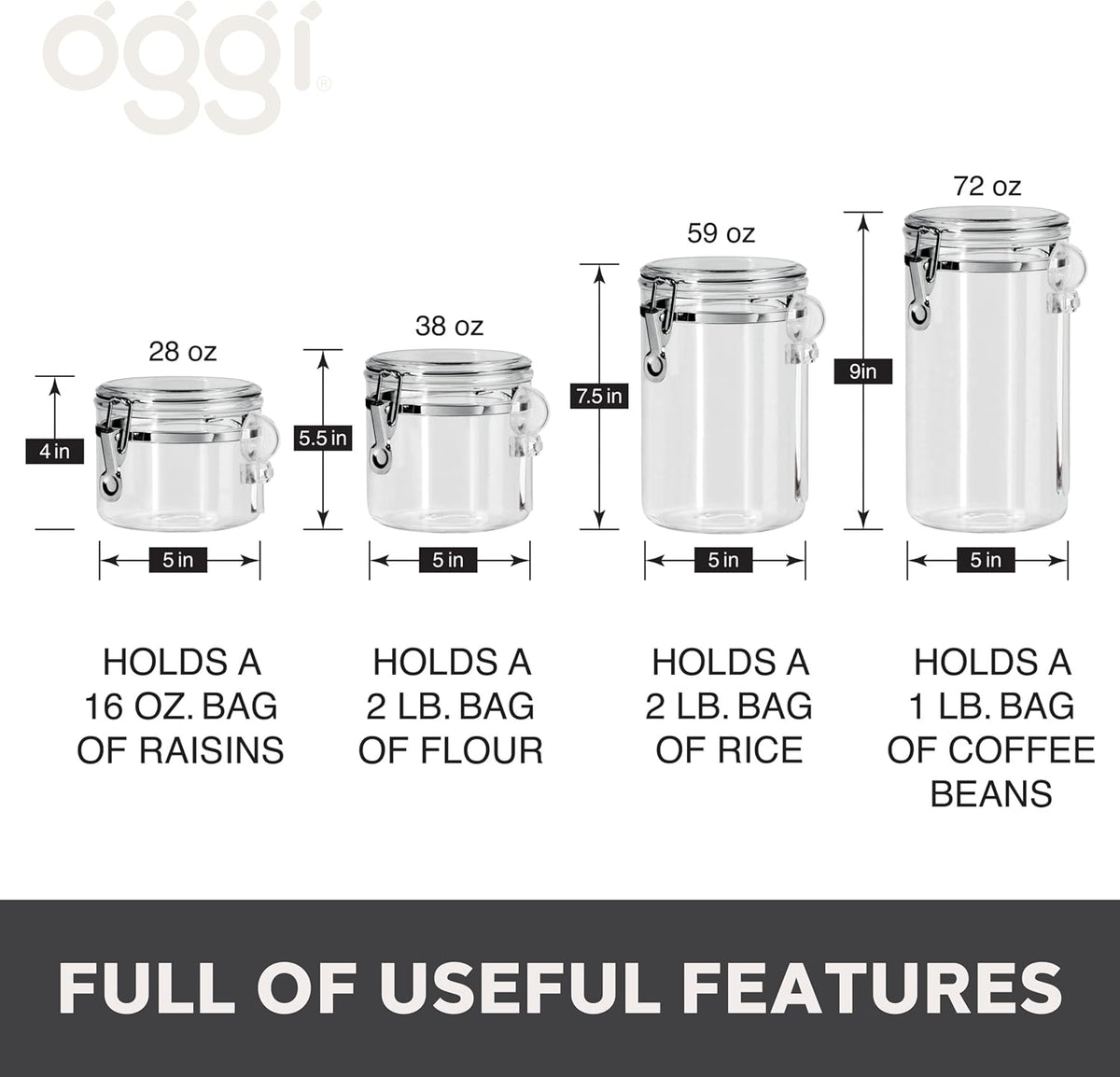 Oggi Clear Canister Set with Clamp Lids & Spoons - Airtight Food Storage Containers, Ideal for Kitchen & Pantry Storage of Bulk, Dry Food Including Flour, Sugar, Coffee, Rice, Tea, Spices & Herbs