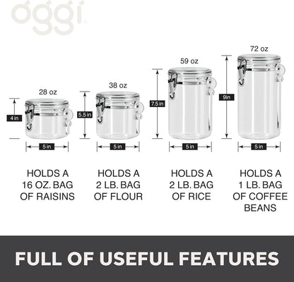 Oggi Clear Canister Set with Clamp Lids & Spoons - Airtight Food Storage Containers, Ideal for Kitchen & Pantry Storage of Bulk, Dry Food Including Flour, Sugar, Coffee, Rice, Tea, Spices & Herbs