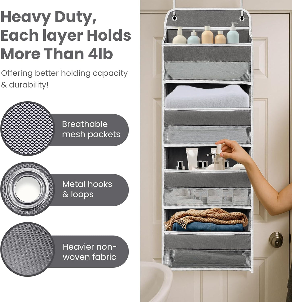 Over The Door Organizer with LifetimeWarranty, 4 Shelves & 4 Side Pockets, Large Storage Rack Holds 44lb, Heavy-Duty Reinforced Mesh Shelf for Bathroom, Closet, Toy Organization, Shoes, Towels, Grey