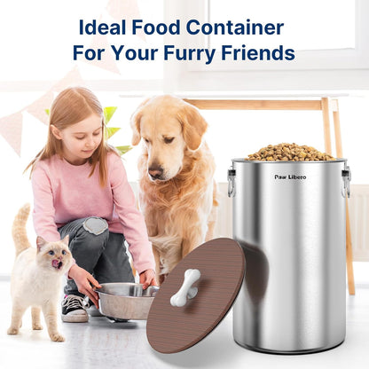 Paw Libero 35 Lbs Stainless Steel Dog Food Storage Container with Airtight Wooden Lid & Ceramic Bone Handle, Large Metal Dog Food Bin, Pet Treat Jars for Dogs & Cats, Keep Fresh, Easy to Clean
