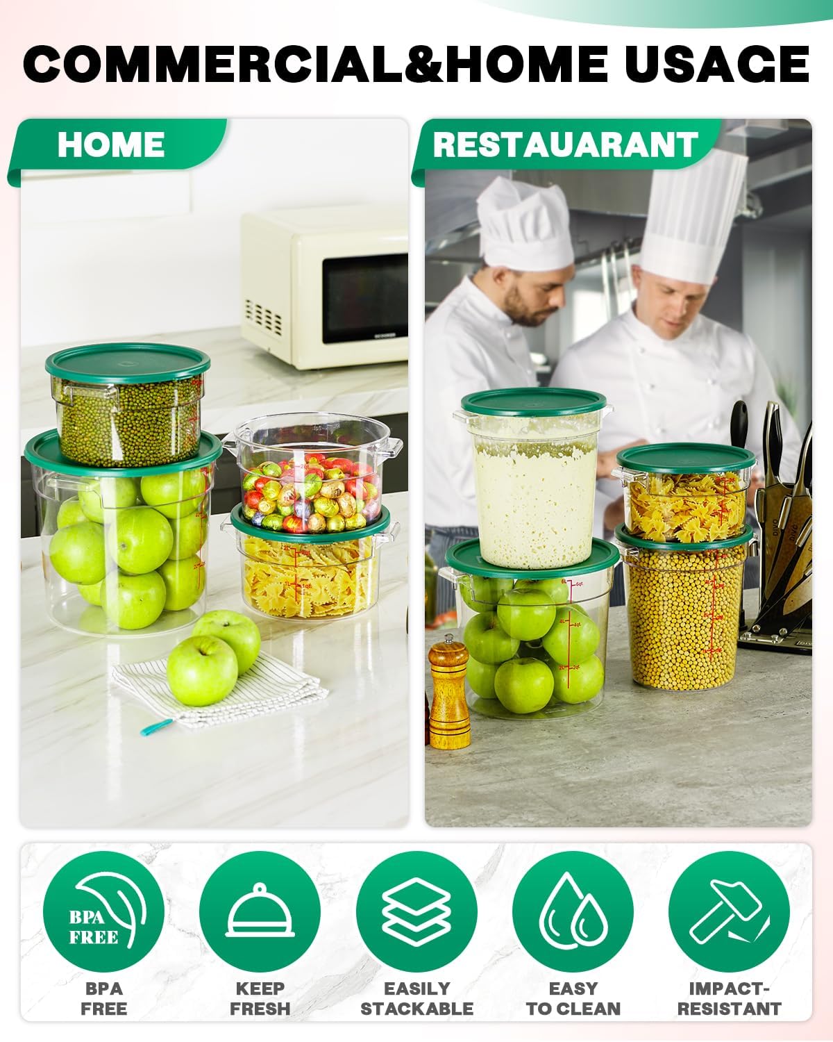 4QT NSF Food Storage Containers: 8 PCS [Food Grade][Hot&Cold Resistant] Commercial Clear Food Storage Containers with Lids for Restaurant Kitchen Proof Dough, Measuring Spoons Included(BPA FREE) - Colors A