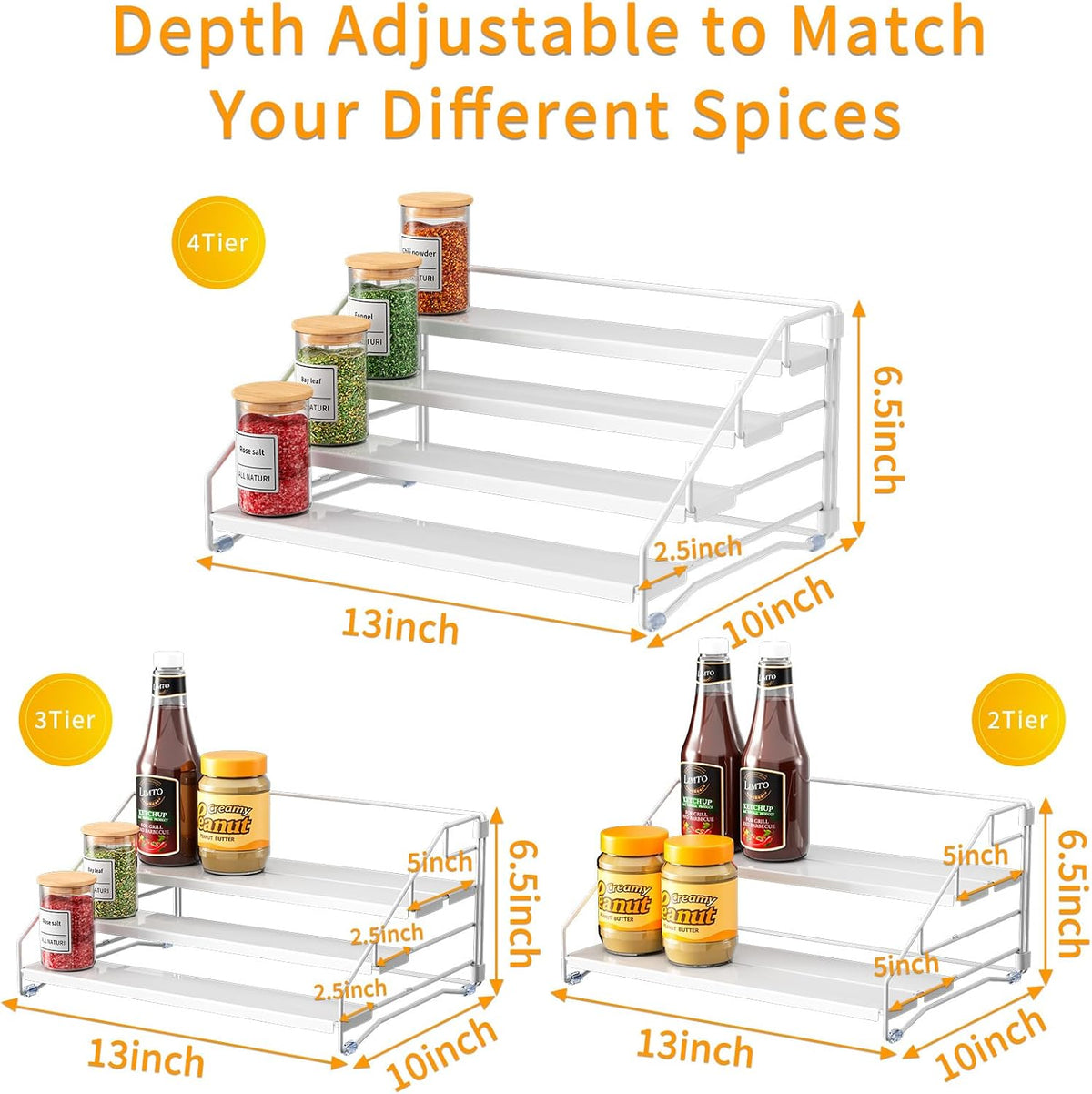 RCHYFEED Spice Rack Organizer for Cabinet Pantry,4 Tier Spice Rack Countertop, Depth Adjustable Spice Organization for Cabinet,Tierd Seasoning Organizer for Cabinet(Black) | for Cabinet Pantry
