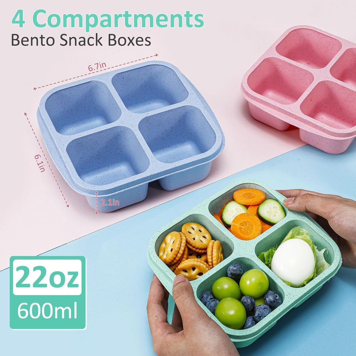 Caperci Lunchable Snack Containers - 4 Pack Bento Snack Boxes with 4-Compartment, 2 Leakproof Dip Cups, Reusable Divided Food Containers for School, Work, Travel (Jewel Brights)