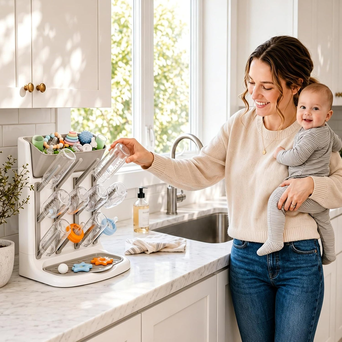 GoMaihe Baby Bottle Drying Rack: Space Saving Vertical Bottle Dryer Holder - Newborn Accessories Storage Stand Organize Brushes Pacifiers on Countertop - BPA-Free - Gray