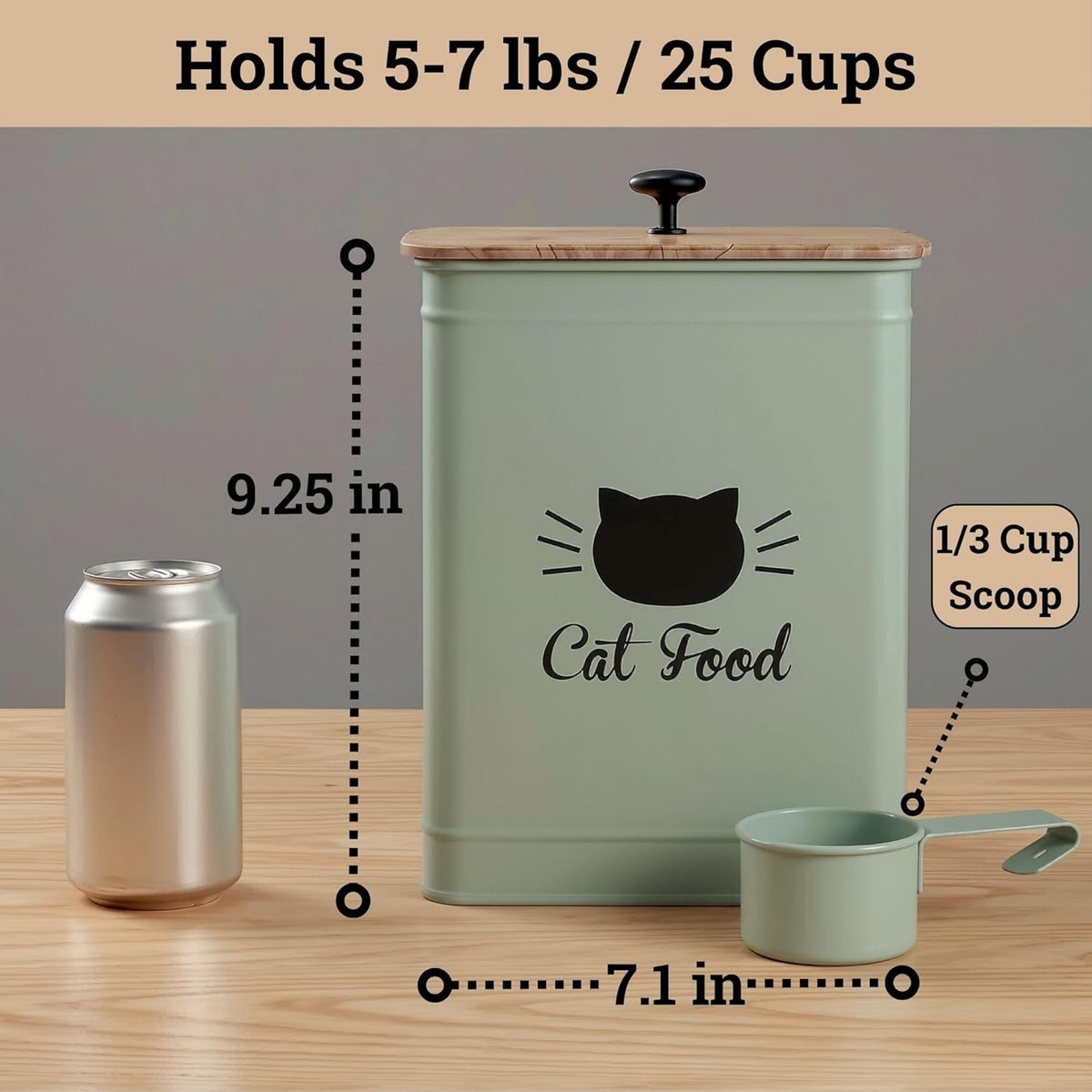 Cat Food Storage Container with Scoop - 5-7 lb (25 Cup) Capacity Metal Cat Food Container with Airtight Bamboo Lid and Metal Scoop - Airtight Pet Food Storage Containers 5 lb - 7 lb Kibble Container