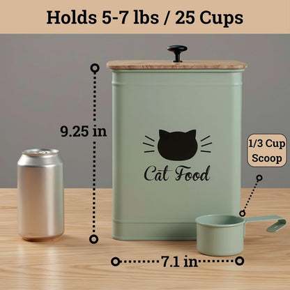 Cat Food Storage Container with Scoop - 5-7 lb (25 Cup) Capacity Metal Cat Food Container with Airtight Bamboo Lid and Metal Scoop - Airtight Pet Food Storage Containers 5 lb - 7 lb Kibble Container