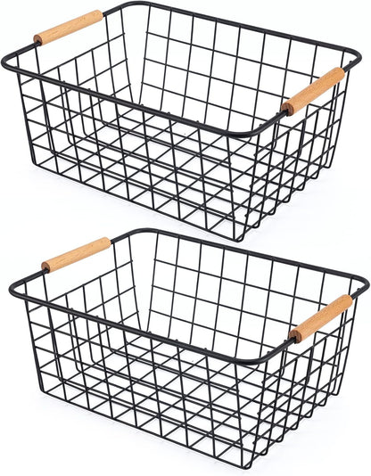 Black Wire Storage Baskets with Wooden Handles - Organizing Pantry and Kitchen Cabinets - Metal Wire Food Storage Basket