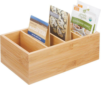mDesign Bamboo Wood Compact Food Storage Organizer Bin Box - 4 Divided Sections - Holder for Seasoning Packets, Pouches, Soups, Spices, Snacks - Natural