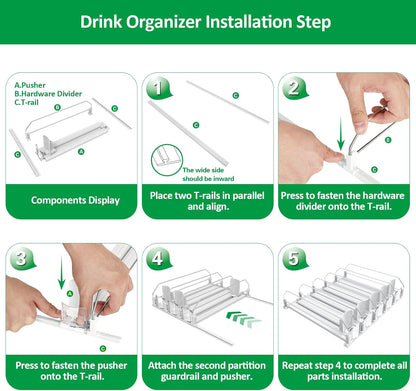 Drink Organizer for Fridge-White Automatic Pusher Glide,12oz 16oz 20oz-Soda Dispenser for Fridge-Holds up to 15 Cans