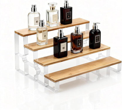 junyuan Spice Rack Organizer for Cabinet,3 Tier Spice Organization for Kitchen,Bathroom Organizers and Storage,Seasoning Countertop Shelf,Bamboo Display Shelves Racks,Clear 11.2"