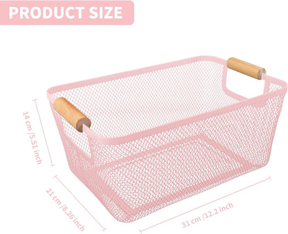 2 Pack 12" Wide Metal Mesh Baskets with Bamboo Handles for Pantry Organization | Wire Storage Bins for Kitchen, Cabinet, Fruit & Snacks | Decorative Farmhouse Style Organizer