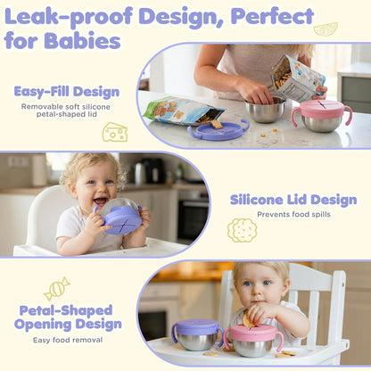 Snack Cups, 2 Pack Stainless Steel Toddler Snack Containers, Spill-Proof Snack Bowls, Silicone Removable Lids & Handles, Food Storage Containers, Dishwasher Safe Snack Container, Baby Shower Gifts