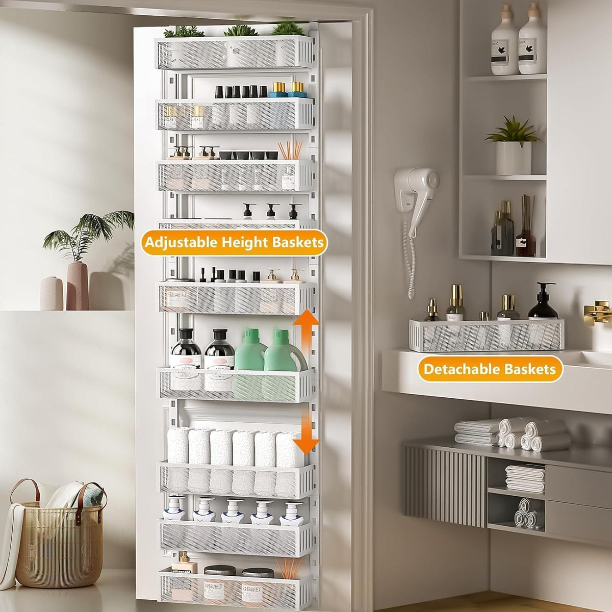 6-Tier Over The Door Pantry Organizer with Mesh Baskets, Adjustable & Stable Hanging Spice Rack for Kitchen, Bathroom, Bedroom, and Baby Essentials Storage