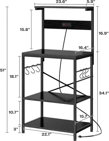 SUPERJARE Kitchen Bakers Rack with Power Outlet, Coffee Bar Table 4 Tiers, Kitchen Microwave Stand with 6 S-shaped Hooks, Storage Shelf Rack for Spices, Pots and Pans - Rustic Brown